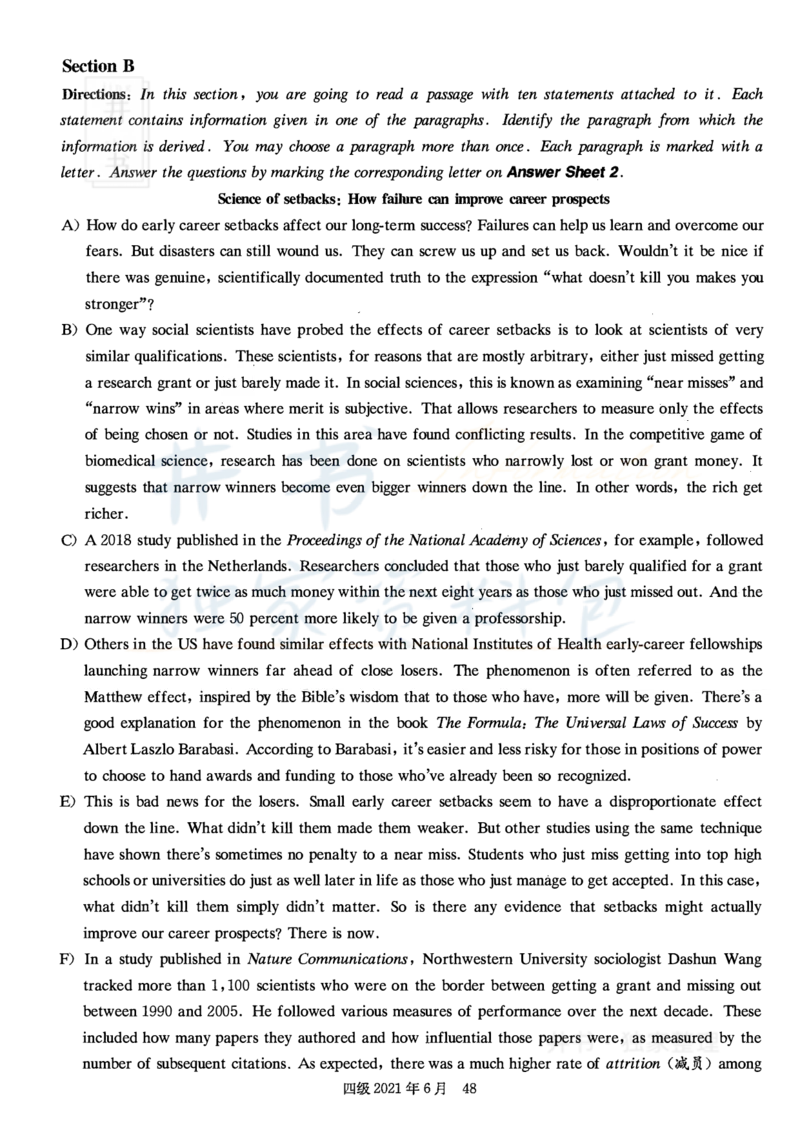 2021年6月大学英语四级考试真题卷3_最新更新，视频都在这_2026、6月四级速转存易和谐_四六级真题+资料包_四级真题_2021年6月CET4