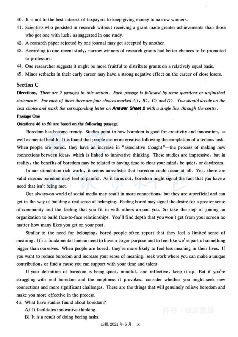 2021年6月大学英语四级考试真题卷3_最新更新，视频都在这_2026、6月四级速转存易和谐_四六级真题+资料包_四级真题_2021年6月CET4