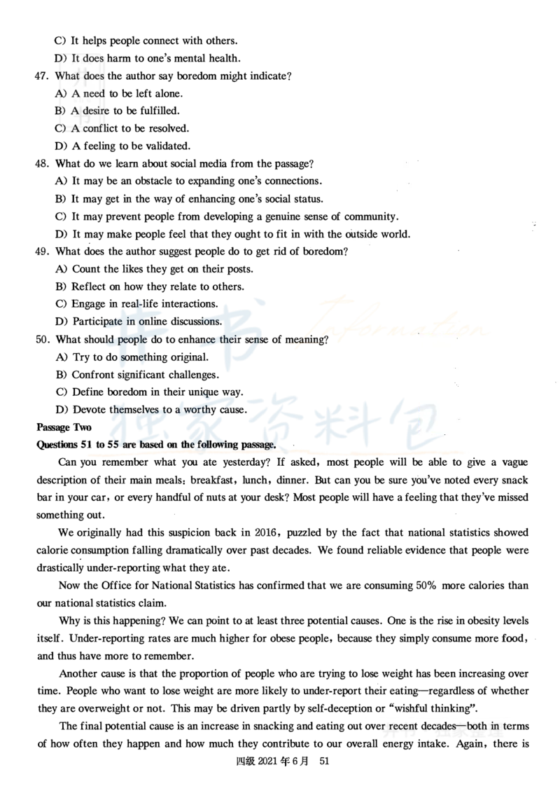 2021年6月大学英语四级考试真题卷3_最新更新，视频都在这_2026、6月四级速转存易和谐_四六级真题+资料包_四级真题_2021年6月CET4