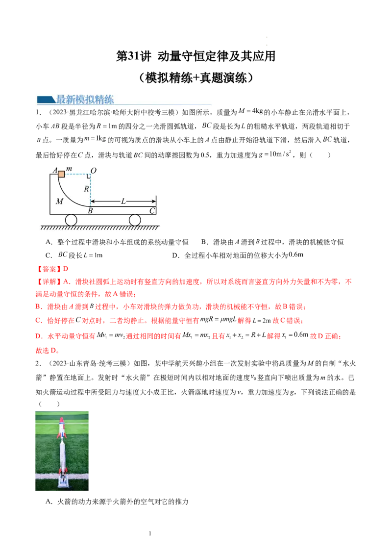 第31讲动量守恒定律及其应用（练习）（解析版）_04高考物理_新高考复习资料_2024新高考复习资料_一轮复习资料_2024年高考物理一轮复习讲练测（讲义+练习+课件）（新高考）_讲义+练习