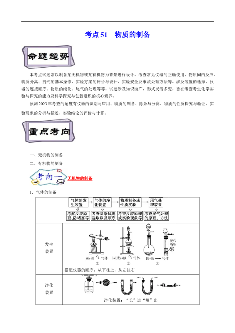 考点51物质的制备（原卷版）_05高考化学_通用版（老高考）复习资料_2023年复习资料_一轮复习_备战2023年高考化学一轮复习考点帮（全国通用）
