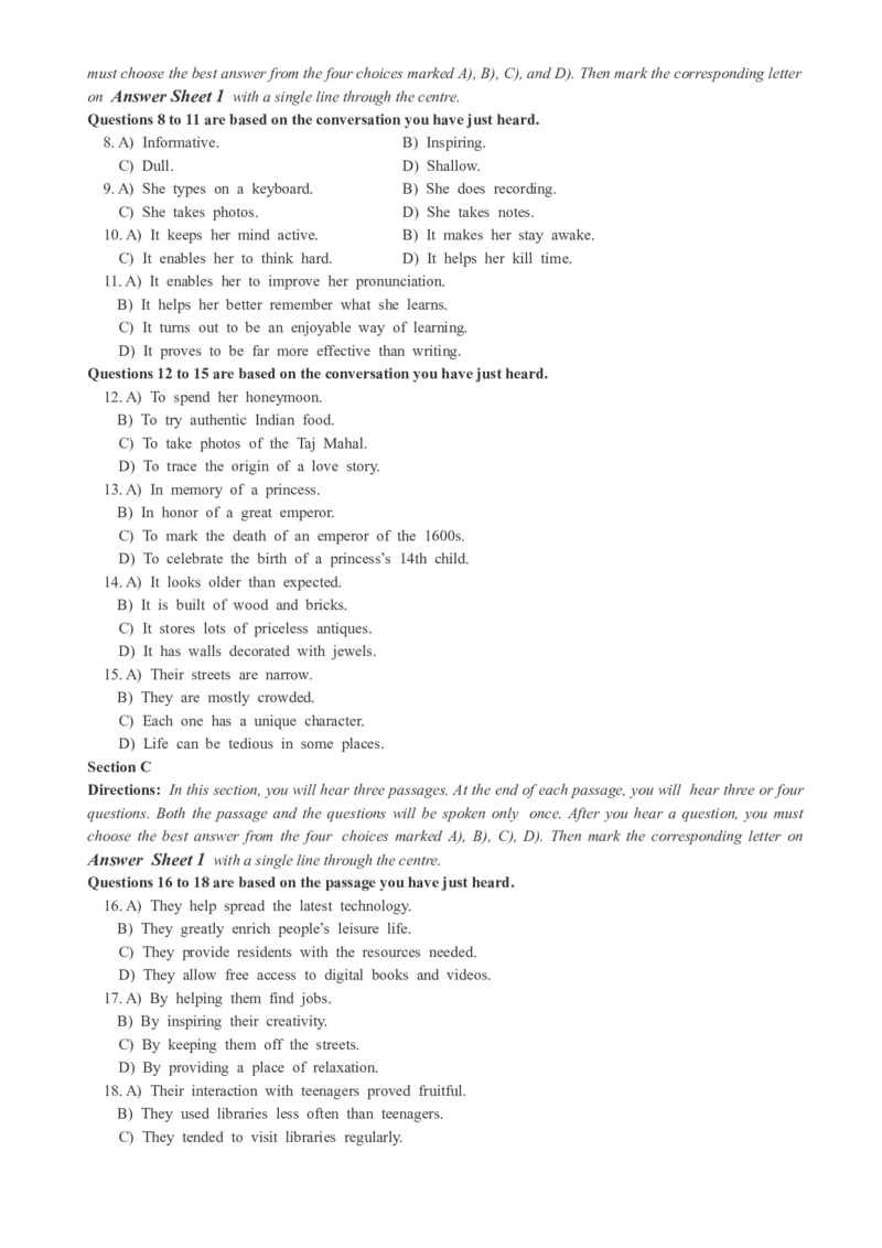 2018年12月四级真题全3套_02.四六级真题+模拟题（0128）_四级真题+音频+解析(0128)_03.2016&mdash;2025年新题型_2018年12月四级_2018.12四级真题word