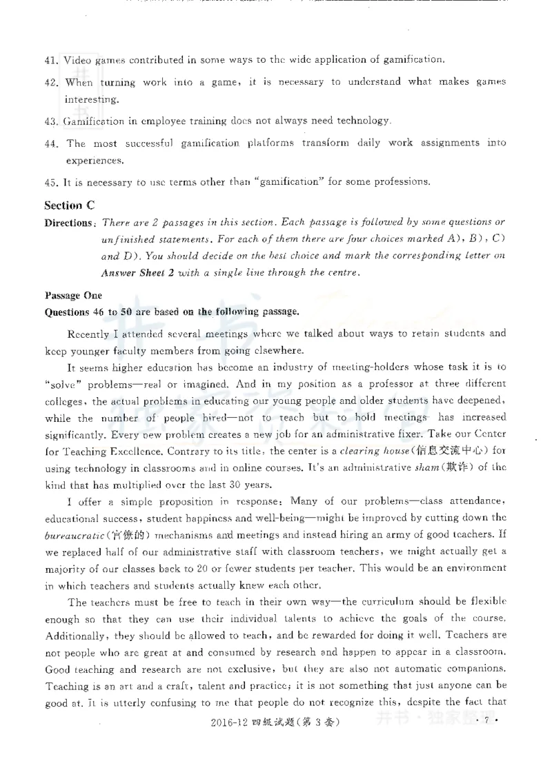 2016年12月大学英语四级考试真题卷3_最新更新，视频都在这_2026、6月四级速转存易和谐_四六级真题+资料包_四级真题_2016年12月CET4