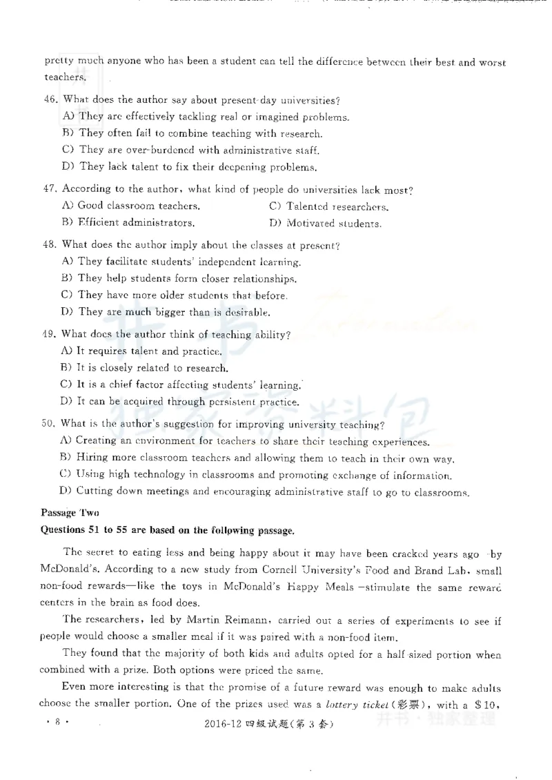 2016年12月大学英语四级考试真题卷3_最新更新，视频都在这_2026、6月四级速转存易和谐_四六级真题+资料包_四级真题_2016年12月CET4