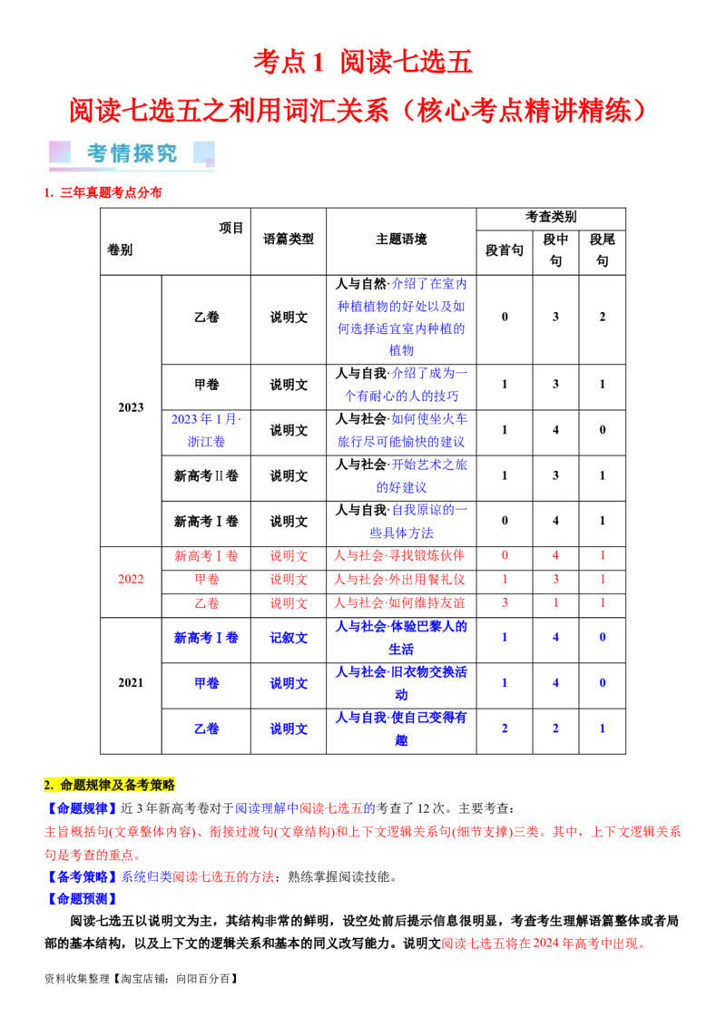 考点1阅读七选五之利用词汇关系解题（核心考点精讲精练）-备战2024年高考英语一轮复习考点帮（新高考专用）（学生版）_03高考英语_新高考复习资料_2024年新高考资料_一轮复习资料