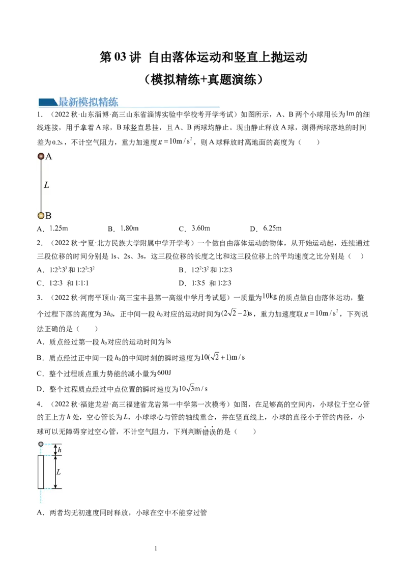 第03讲自由落体运动和竖直上抛运动（练习）（原卷版）_04高考物理_新高考复习资料_2024新高考复习资料_一轮复习资料_2024年高考物理一轮复习讲练测（讲义+练习+课件）（新高考）