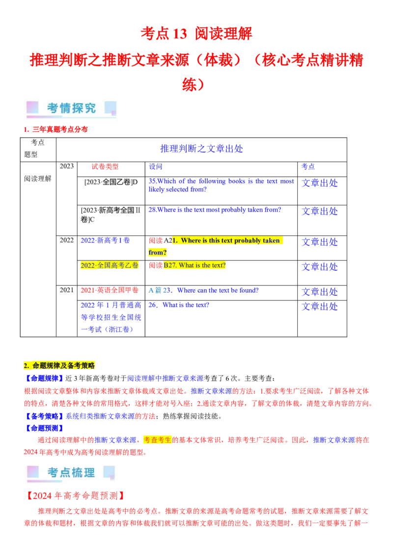 考点13阅读理解推理判断之推断文章来源（体裁）（核心考点精讲精练）-备战2024年高考英语一轮复习考点帮（新高考专用）（教师版）_03高考英语_新高考复习资料_2024年新高考资料