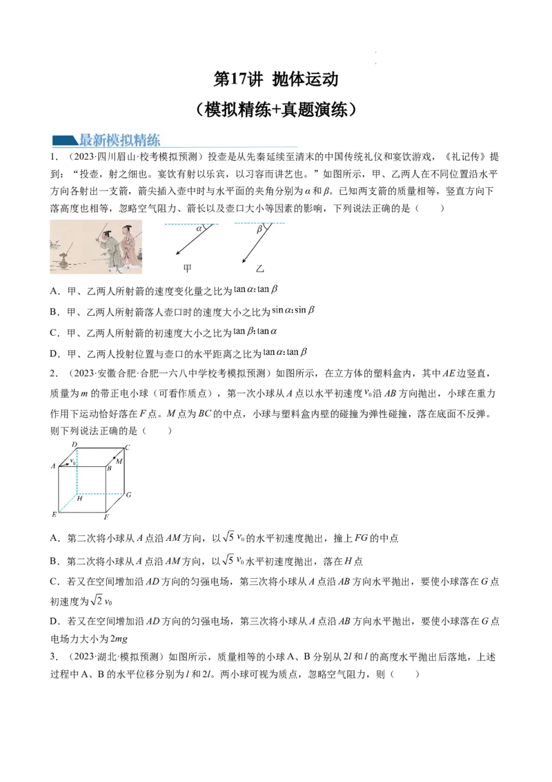 第17讲抛体运动（练习）（原卷版）_04高考物理_新高考复习资料_2024新高考复习资料_一轮复习资料_2024年高考物理一轮复习讲练测（讲义+练习+课件）（新高考）_讲义+练习