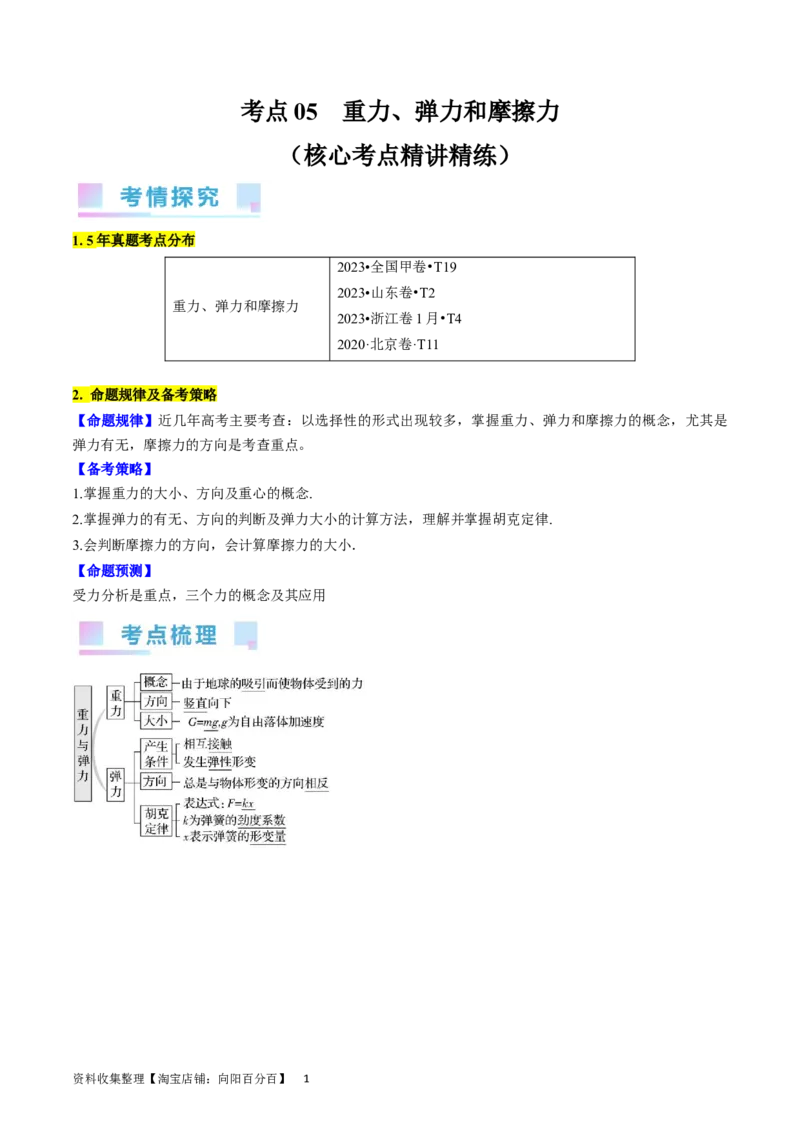 考点05重力、弹力和摩擦力（解析版）_04高考物理_通用版（老高考）复习资料_2024年复习资料_完备战2024年高考物理一轮复习考点帮（全国通用）_答案解析版