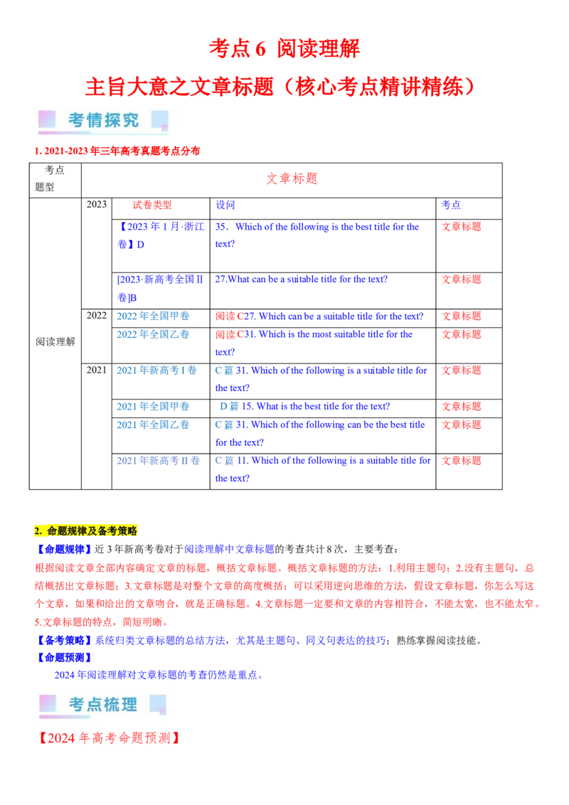 考点6阅读理解主旨大意之文章标题（核心考点精讲精练）-备战2024年高考英语一轮复习考点帮（新高考专用）（学生版）_03高考英语_新高考复习资料_2024年新高考资料_一轮复习资料