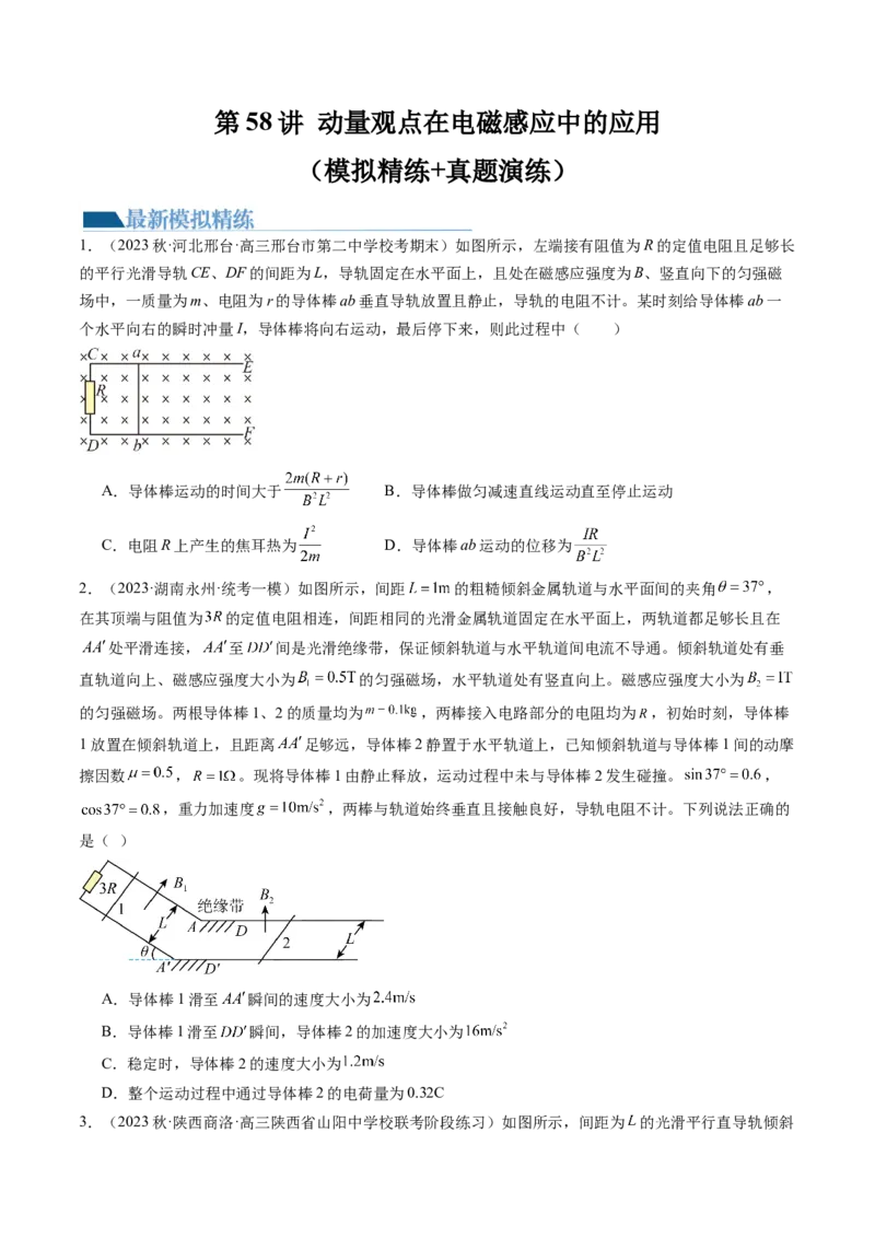 第58讲动量观点在电磁感应中的应用（练习）（原卷版）_04高考物理_新高考复习资料_2024新高考复习资料_一轮复习资料_2024年高考物理一轮复习讲练测（讲义+练习+课件）（新高考）