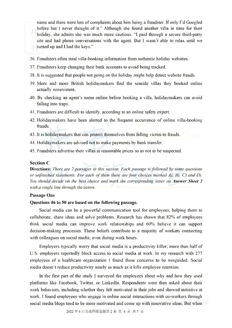 2022年6月大学英语四级考试真题卷2_最新更新，视频都在这_2026、6月四级速转存易和谐_四六级真题+资料包_四级真题_2022年6月CET4