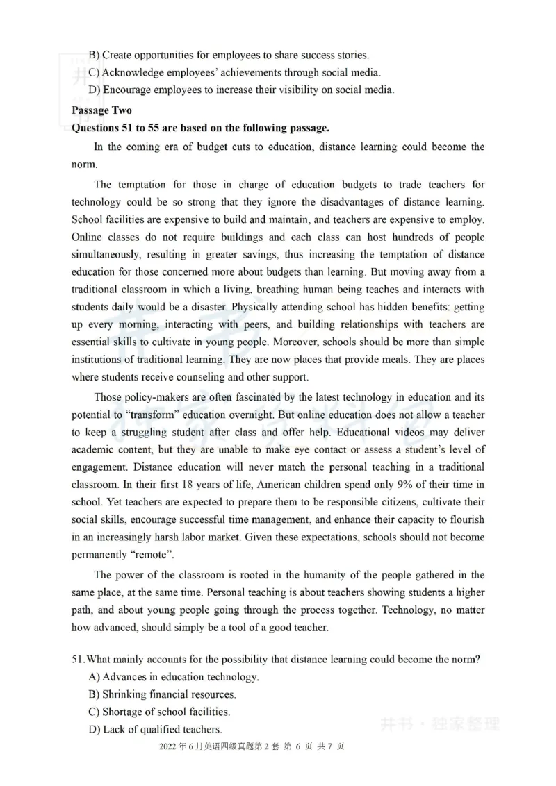 2022年6月大学英语四级考试真题卷2_最新更新，视频都在这_2026、6月四级速转存易和谐_四六级真题+资料包_四级真题_2022年6月CET4