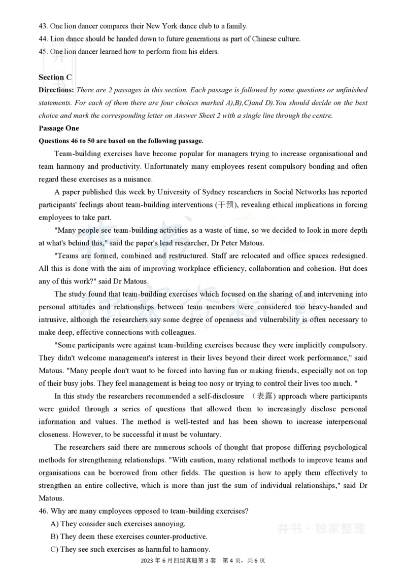 2023年6月大学英语四级考试真题卷3_最新更新，视频都在这_2026、6月四级速转存易和谐_四六级真题+资料包_四级真题_2023年6月CET4