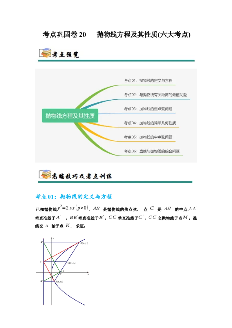 考点巩固卷20抛物线方程及其性质(六大考点)（解析版）_02高考数学_2025年新高考资料_一轮复习_2025年高考数学一轮复习考点通关卷（新高考通用）