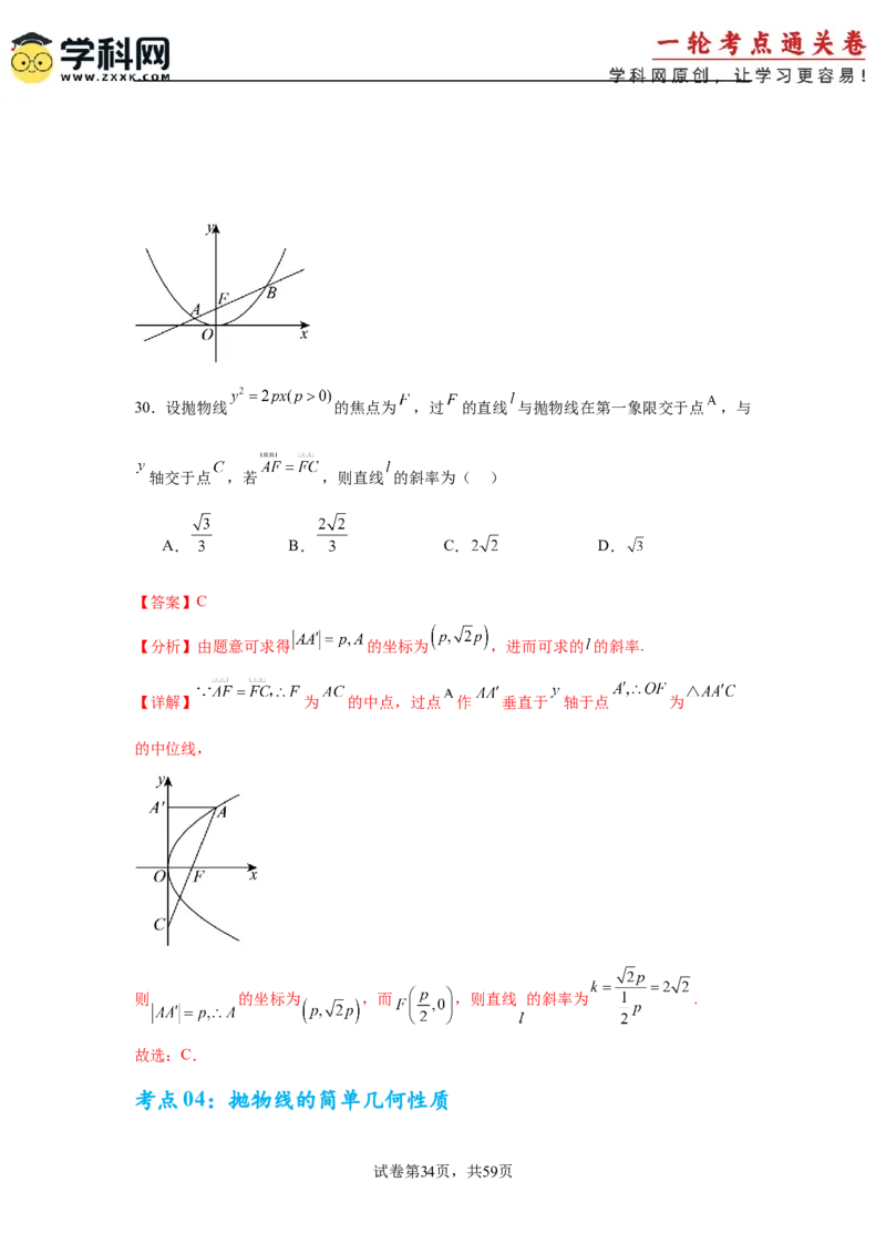 考点巩固卷20抛物线方程及其性质(六大考点)（解析版）_02高考数学_2025年新高考资料_一轮复习_2025年高考数学一轮复习考点通关卷（新高考通用）