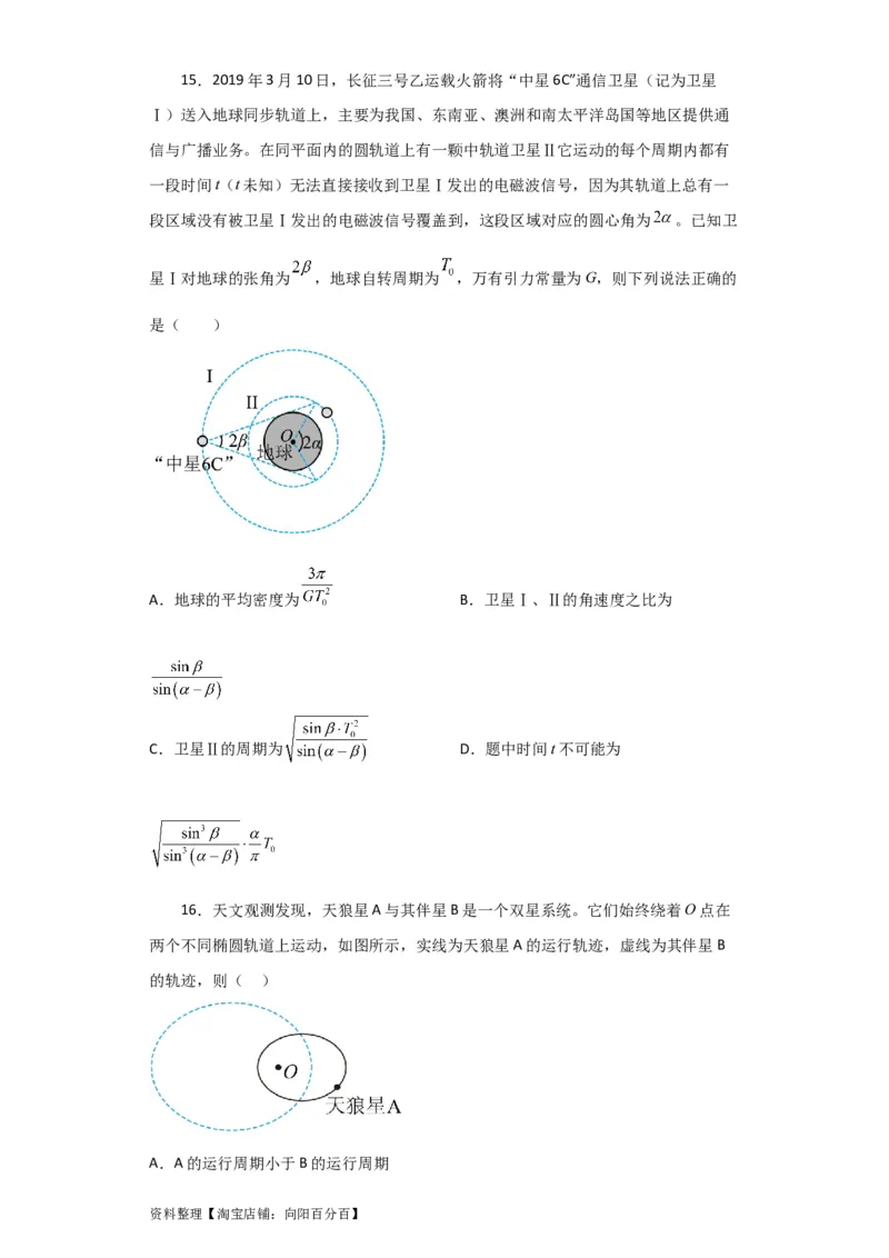 第15讲　万有引力与航天（原卷版）_04高考物理_新高考复习资料_2024新高考复习资料_一轮复习资料_完划重点2024年高考一轮复习精细讲义