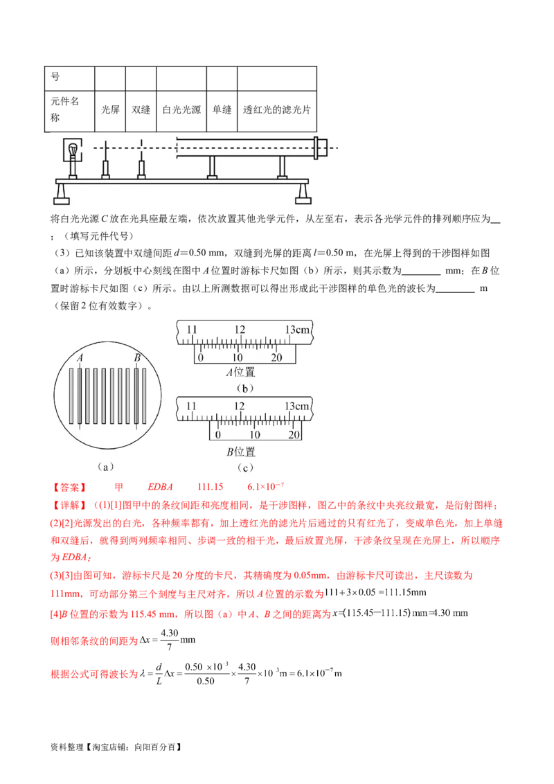 第65讲用双缝干涉实验测量光的波长（练习）（解析版）_04高考物理_新高考复习资料_2024新高考复习资料_一轮复习资料_2024年高考物理一轮复习讲练测（讲义+练习+课件）（新高考）