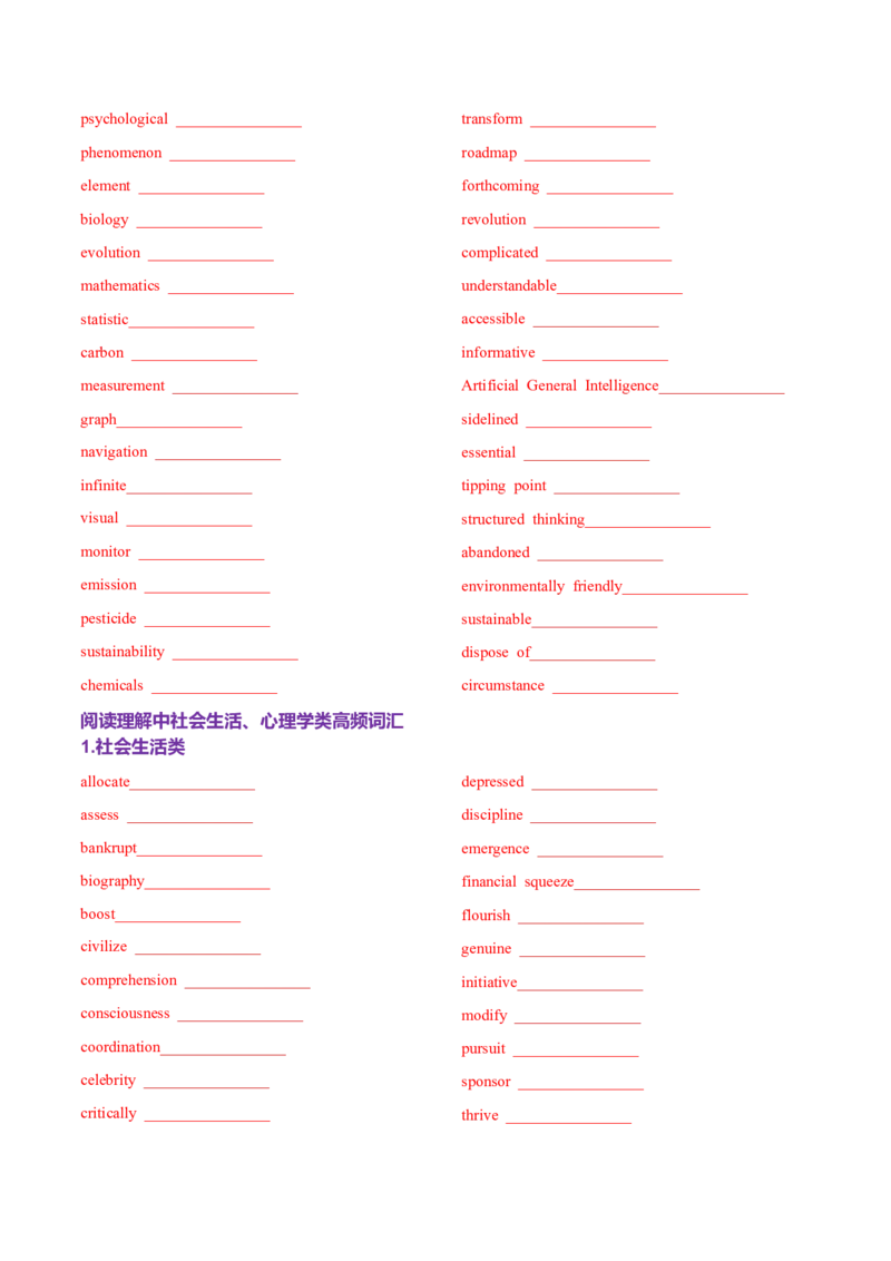 词汇知识专题03阅读理解高频词汇（练习）（原卷版）_02高考数学_2025年新高考资料_二轮复习_01高考语文等多个文件_上好课2025年高考英语二轮复习讲练测（新高考通用）