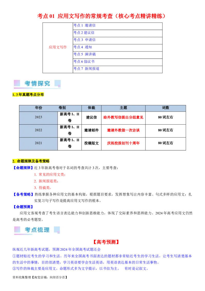 考点01应用文写作的常规考查（学生版）_03高考英语_新高考复习资料_2024年新高考资料_一轮复习资料_完备战2024年高考英语一轮复习考点帮（新高考）_写作