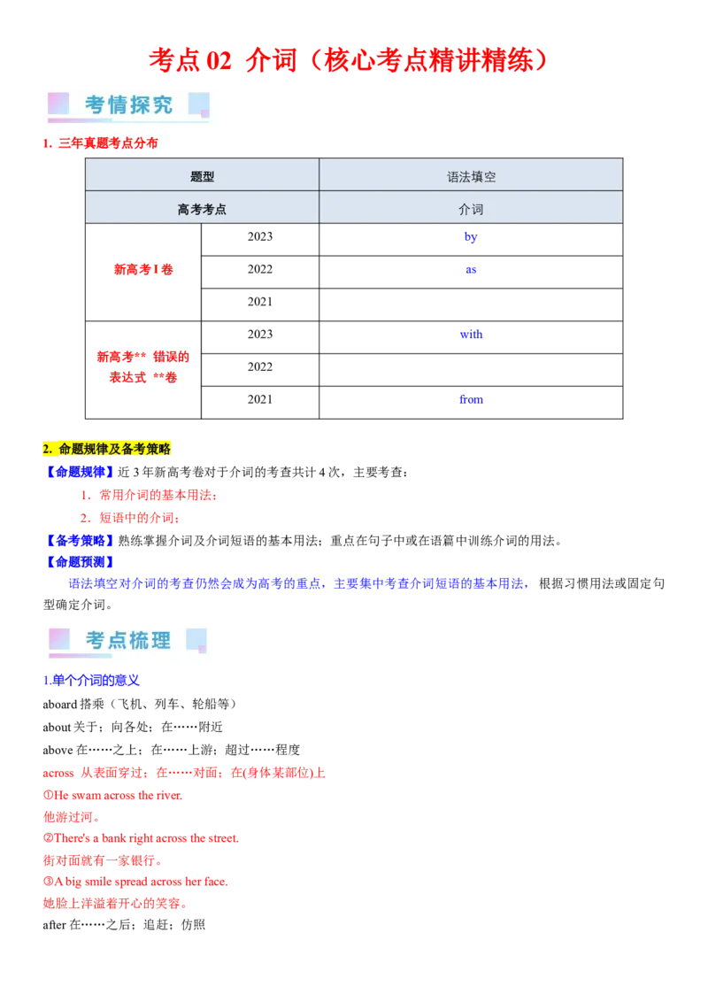 考点03+介词（核心考点精讲精练）-备战2024年高考英语一轮复习考点帮（新高考专用）（教师版）_03高考英语_新高考复习资料_2024年新高考资料_一轮复习资料_语法核心考点