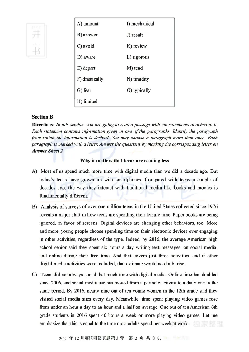 2021年12月大学英语四级考试真题卷3_最新更新，视频都在这_2026、6月四级速转存易和谐_四六级真题+资料包_四级真题_2021年12月CET4