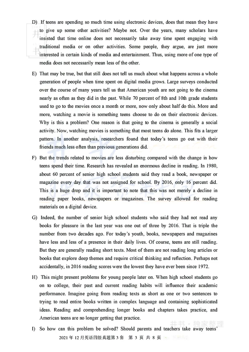 2021年12月大学英语四级考试真题卷3_最新更新，视频都在这_2026、6月四级速转存易和谐_四六级真题+资料包_四级真题_2021年12月CET4