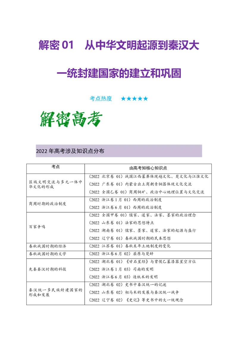 解密01从中华文明起源到秦汉大一统封建国家的建立和巩固（复习讲义）-高频考点解密2023年高考历史二轮复习讲义+分层训练_07高考历史_新高考复习资料_2023年新高考复习资料