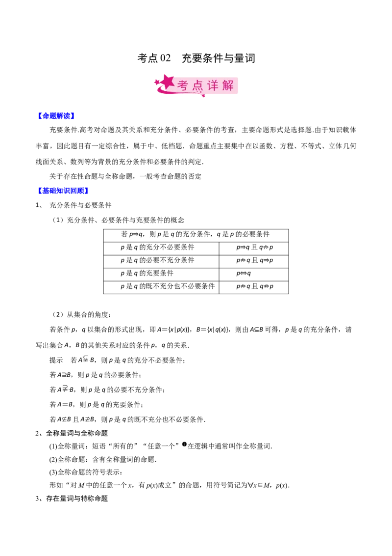 考点02充要条件与量词（解析版）_02高考数学_新高考复习资料_2022年新高考资料_备战2022年高考数学一轮复习考点帮（新高考地区专用）8.2更新