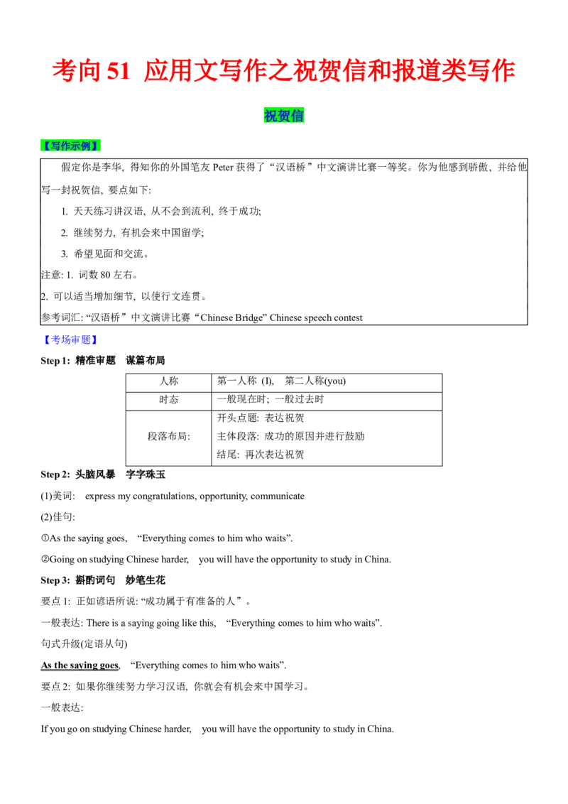 考向51应用文写作之祝贺信和报道类写作(解析版)-备战2022年高考英语一轮复习考点微专题_03高考英语_新高考复习资料_2022年新高考资料_2022年新高考英语一轮复习
