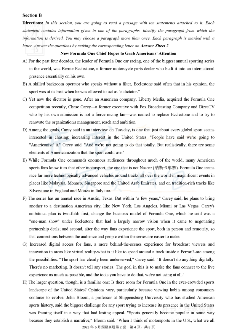 2023年6月大学英语四级考试真题卷2_最新更新，视频都在这_2026、6月四级速转存易和谐_四六级真题+资料包_四级真题_2023年6月CET4