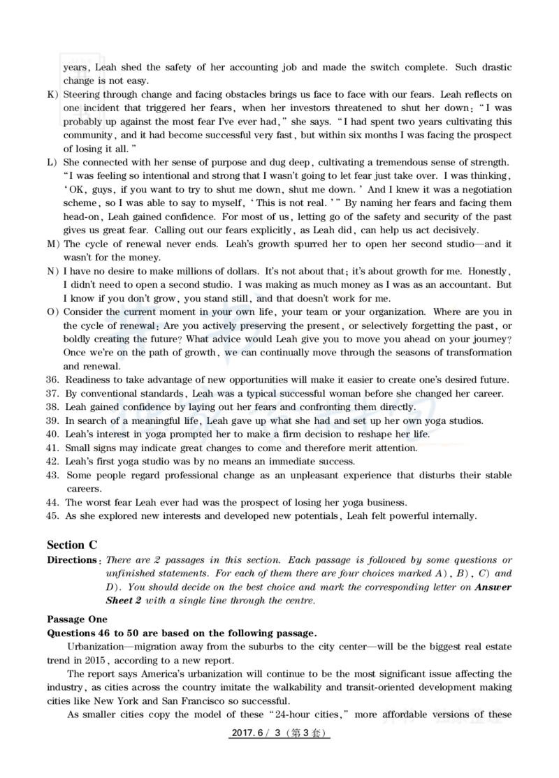 2017年6月大学英语四级考试真题卷3_最新更新，视频都在这_2026、6月四级速转存易和谐_四六级真题+资料包_四级真题_2017年6月CET4