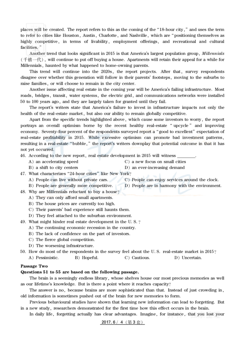 2017年6月大学英语四级考试真题卷3_最新更新，视频都在这_2026、6月四级速转存易和谐_四六级真题+资料包_四级真题_2017年6月CET4