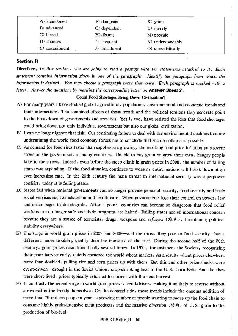 2016.06四级真题第3套可复制可检索_02.四六级真题+模拟题（0128）_四级真题+音频+解析(0128)_02.2013&mdash;2015年旧题型_2016年6月CET4_2016.06四级真题PDF