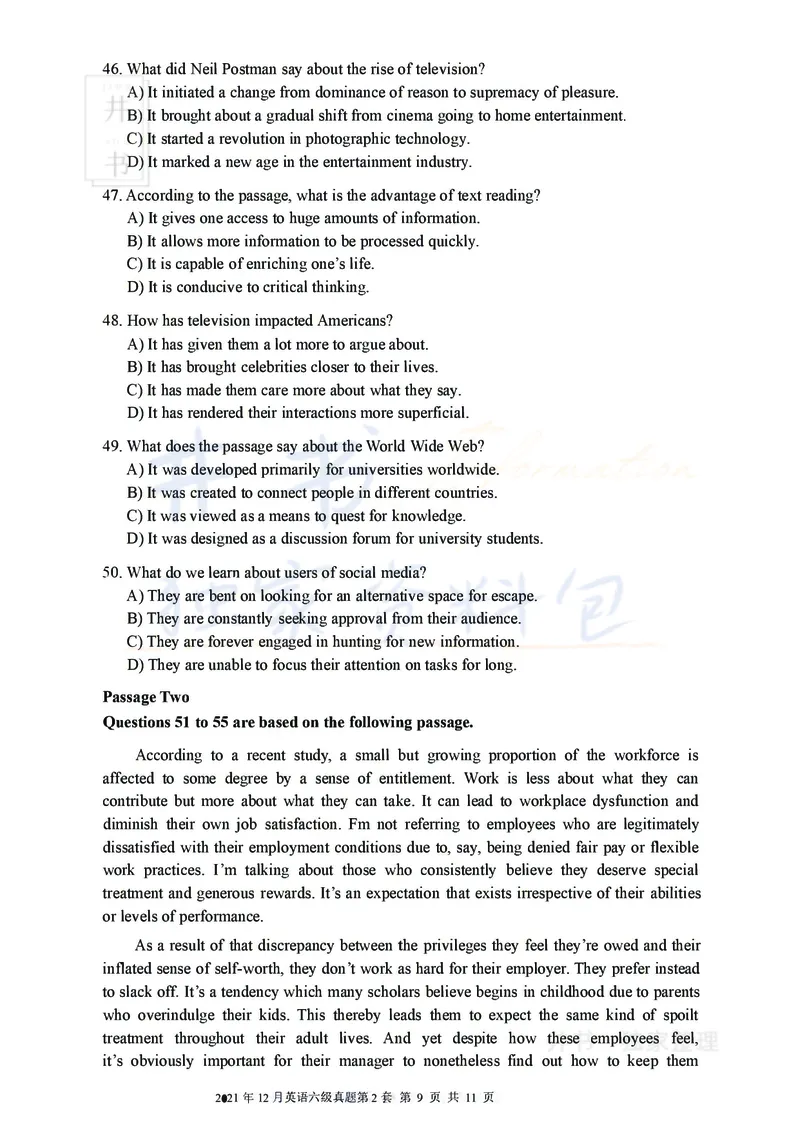 2021年12月大学英语6级真题（卷二）_最新更新，视频都在这_2026、6月四级速转存易和谐_四六级真题+资料包_六级真题_2021年12月六级真题及答案解析（完整版）