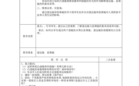 苏科初中物理八上《4.5望远镜与显微镜》word教案(4)_8上-初中物理苏科版(4)_赠送：旧版资料（和新版好多一样，仍具有很大参考价值）_02教案