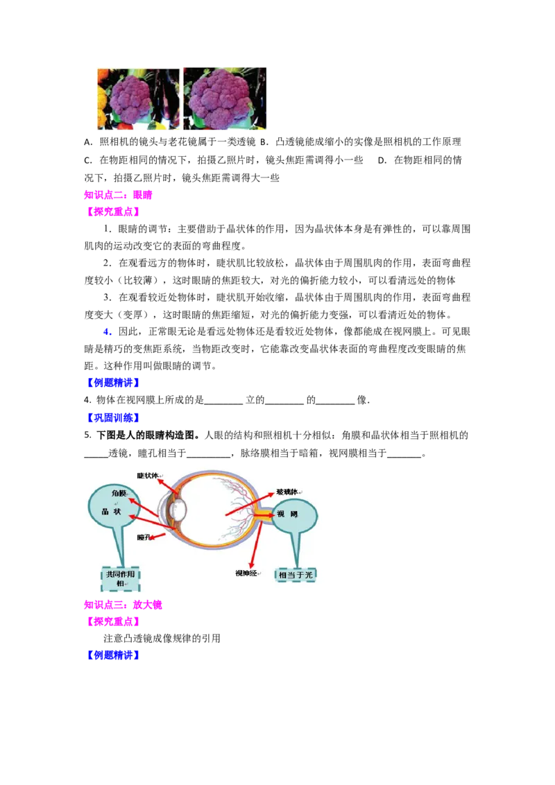 4.4照相机与眼球视力的矫正(原卷版)_8上-初中物理苏科版(4)_赠送：旧版资料（和新版好多一样，仍具有很大参考价值）_03讲义_4.4照相机与眼球视力的矫正