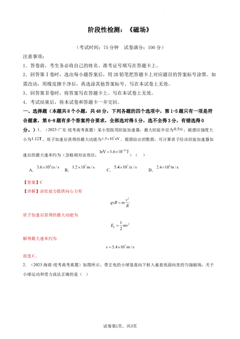 阶段性检测《磁场》（解析版）_04高考物理_新高考复习资料_2024新高考复习资料_一轮复习资料_完2024年高考物理一轮复习考点通关卷（新高考通用）_阶段性检测_电磁部分