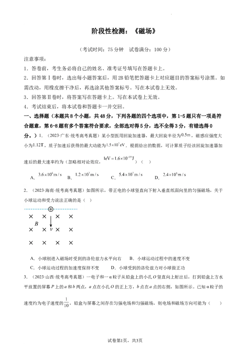 阶段性检测《磁场》（原卷版）_04高考物理_新高考复习资料_2024新高考复习资料_一轮复习资料_完2024年高考物理一轮复习考点通关卷（新高考通用）_阶段性检测_电磁部分