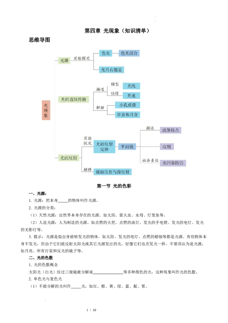 第二章光现象（单元知识清单）学生版_8上-初中物理苏科版(4)_06知识清单（齐全）_第2套_第2章光现象（单元知识清单）-上好课八年级物理上册同步高效课堂（苏科版2024）