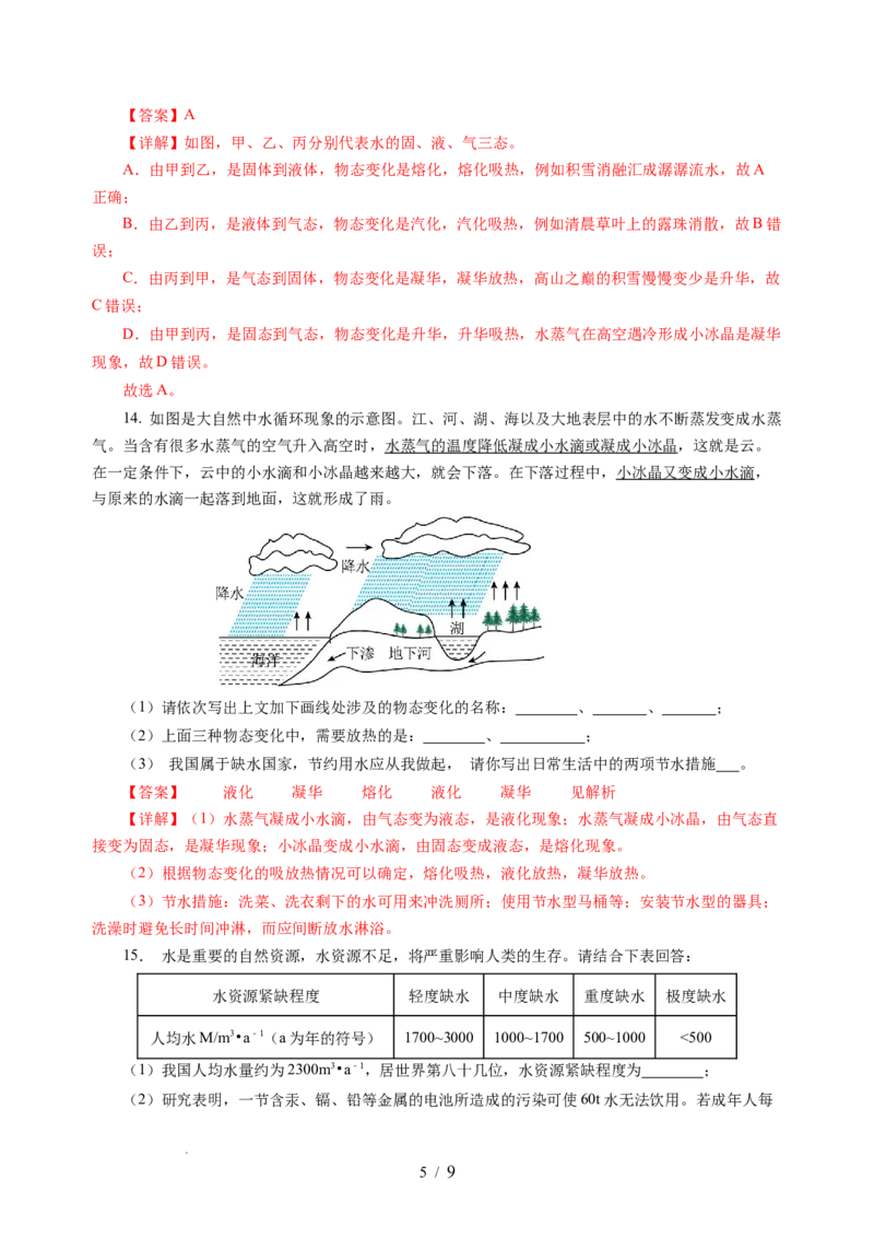 4.5水循环（分层作业）（解析版）_8上-初中物理苏科版(4)_01课件+练习（齐全）_练习_4.5水循环（分层作业）-上好课八年级物理上册同步高效课堂（苏科版2024）