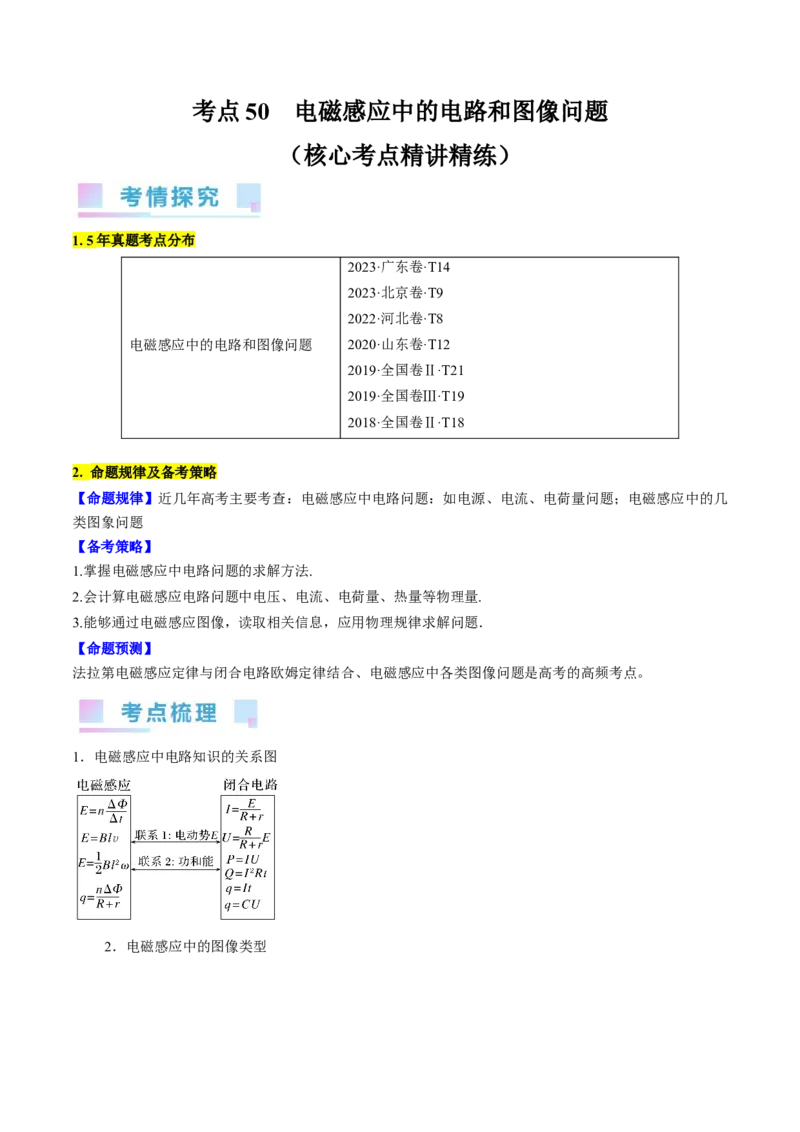 考点50电磁感应中的电路和图像问题（原卷版）_04高考物理_通用版（老高考）复习资料_2024年复习资料_完备战2024年高考物理一轮复习考点帮（全国通用）