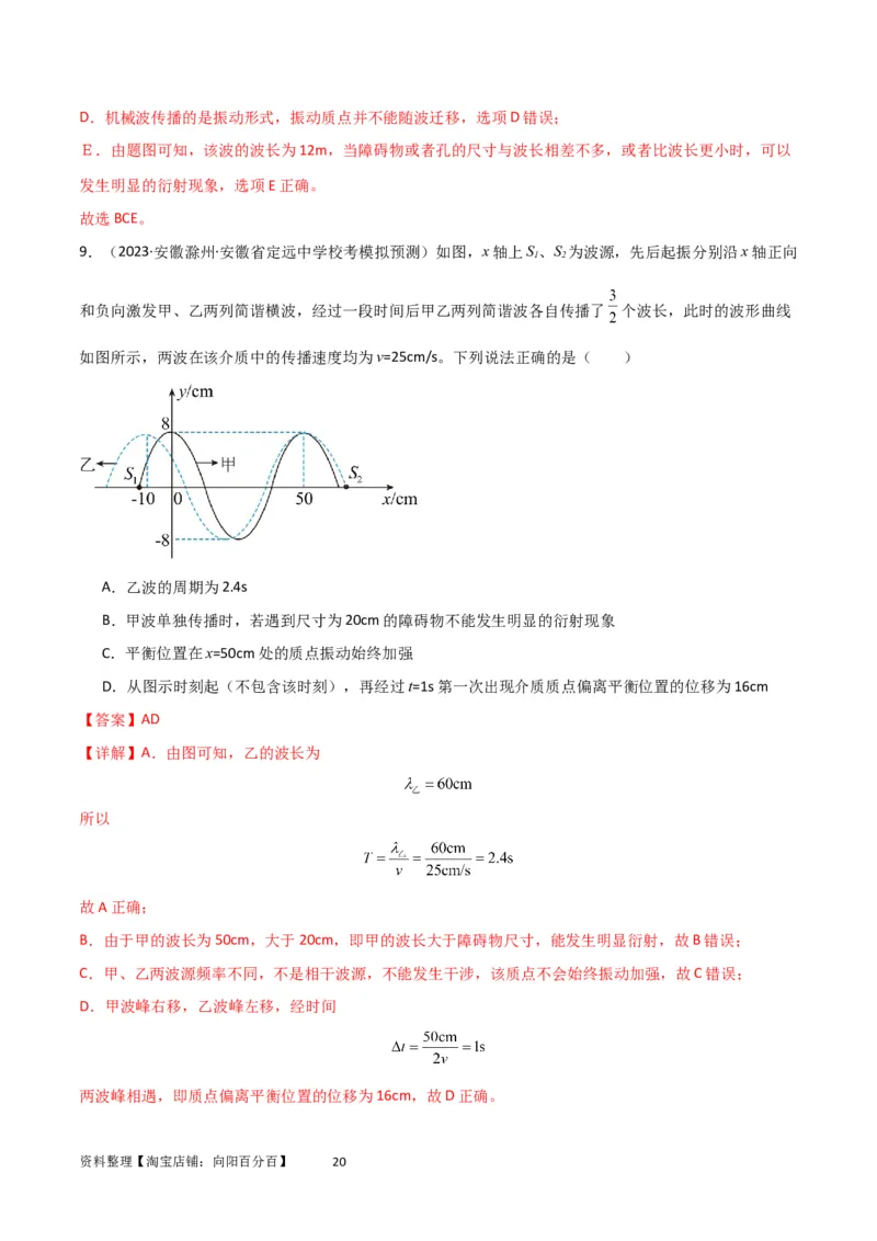 考点巩固卷50波的干涉和衍射（解析版）_04高考物理_新高考复习资料_2024新高考复习资料_一轮复习资料_完2024年高考物理一轮复习考点通关卷（新高考通用）_考点巩固卷_力学部分