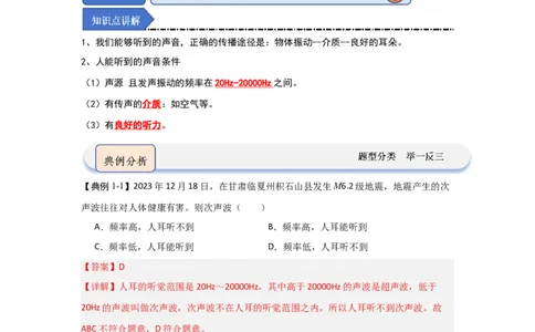 1.4人耳听不到的声音（知识解读）（解析版）_8上-初中物理苏科版(4)_03讲义