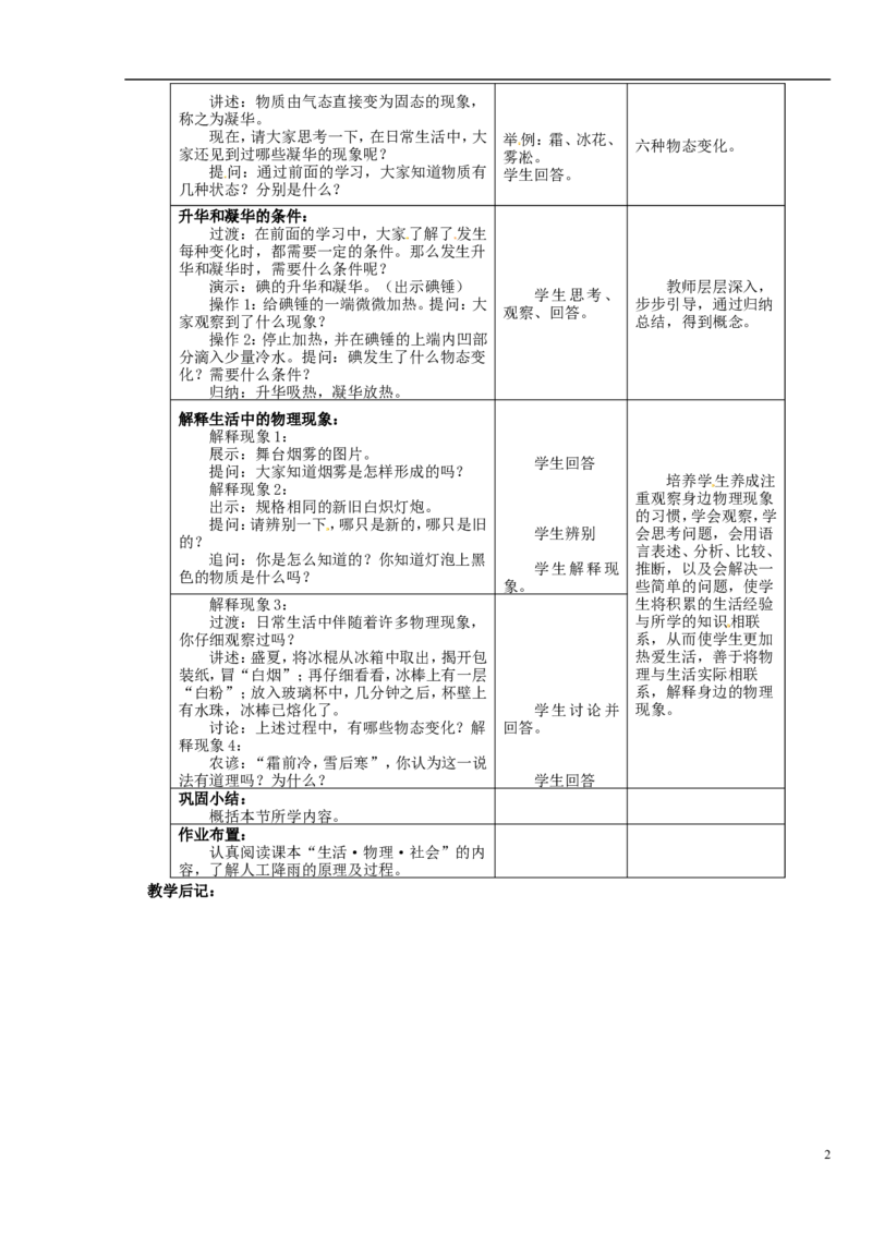 苏科初中物理八上《2.4升华和凝华》word教案(3)_8上-初中物理苏科版(4)_赠送：旧版资料（和新版好多一样，仍具有很大参考价值）_02教案