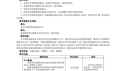 苏科初中物理八上《2.4升华和凝华》word教案(3)_8上-初中物理苏科版(4)_赠送：旧版资料（和新版好多一样，仍具有很大参考价值）_02教案
