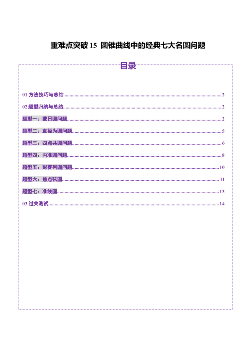 重难点突破15圆锥曲线中的经典七大名圆问题（七大题型）（原卷版）_2025年新高考资料_一轮复习_2025年高考数学一轮复习讲练测（新教材新高考，含2024高考真题）_第八章平面解析几何