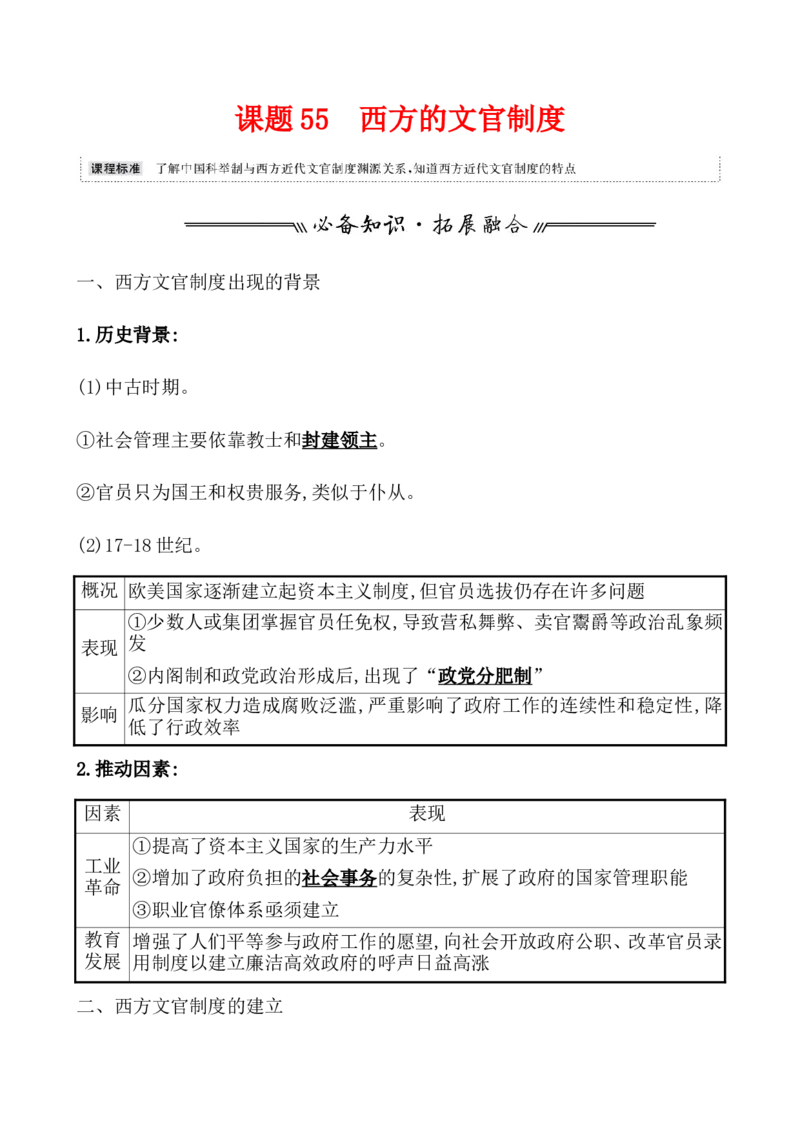 课题55西方的文官制度教案_07高考历史_新高考复习资料_2022年新高考复习资料_2022届一轮复习讲练结合7.11更新_系列1_第二十一单元官员的选拔与管理_课题55西方的文官制度