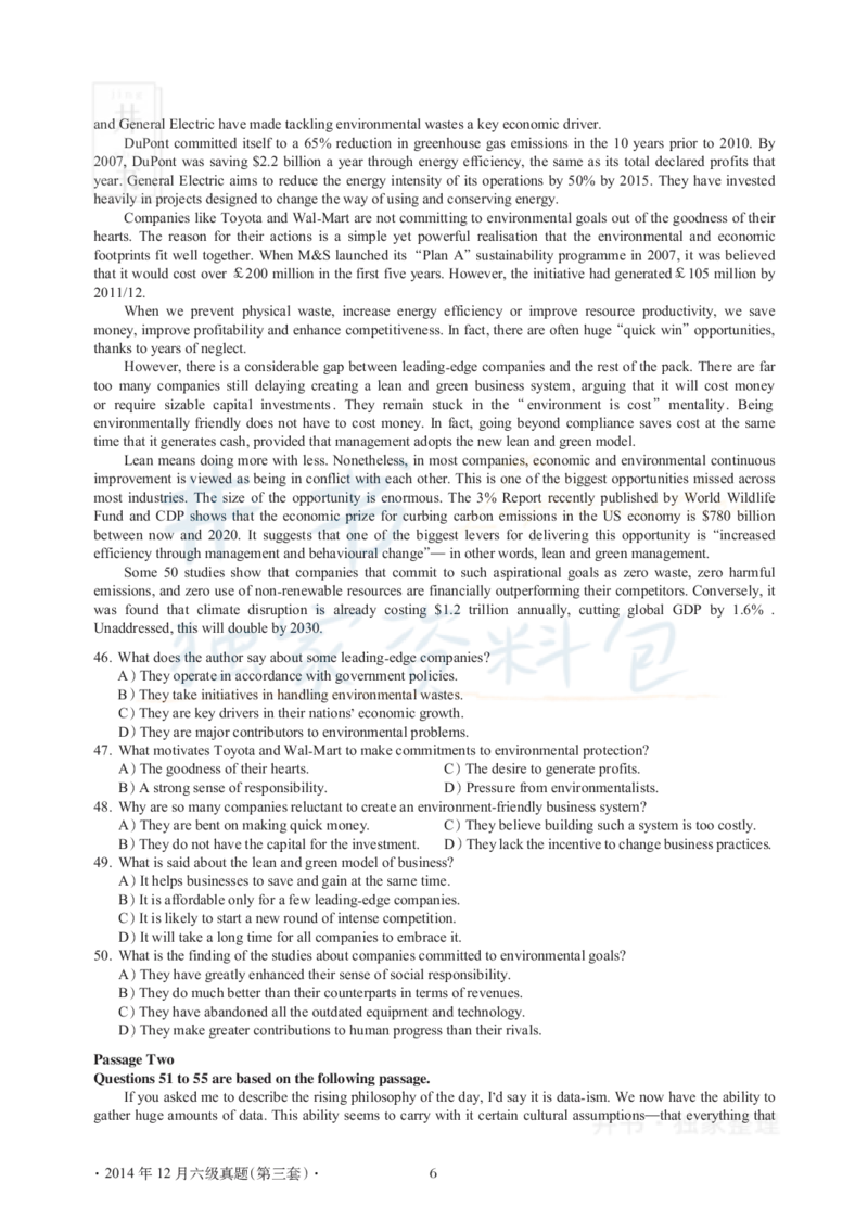 2014年12月大学英语6级真题及解析（卷三）(新题型)_英语四六级保存避免失效_最新更新，视频都在这_2026、6月四级速转存易和谐_四六级真题+资料包_六级真题_2007-2015年六级真题及答案解析
