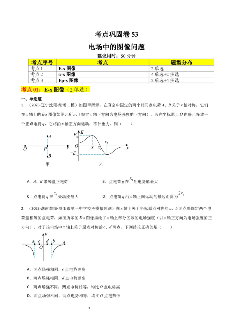 考点巩固卷53电场中的图像问题（原卷版）_04高考物理_新高考复习资料_2024新高考复习资料_一轮复习资料_完2024年高考物理一轮复习考点通关卷（新高考通用）_考点巩固卷_电磁部分